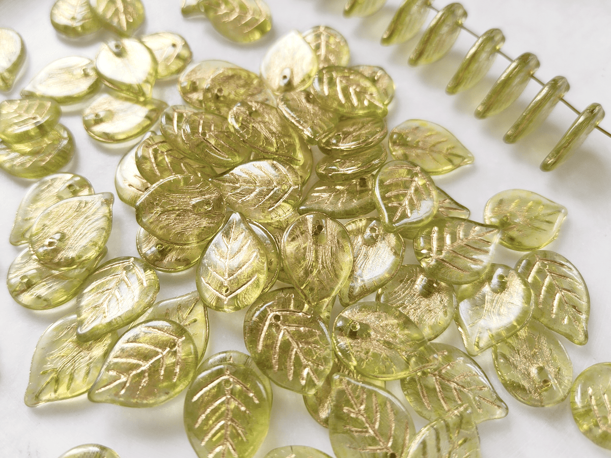 Apple tree leaf beads 18mm - light green & gold