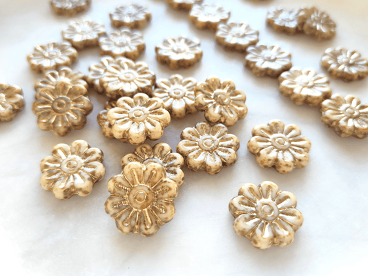 Daisy flower beads 18mm - beige & gold