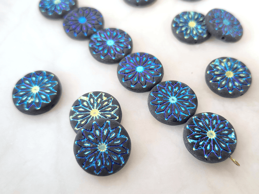 Flower ornament beads 18mm - matt black & blue shimmer