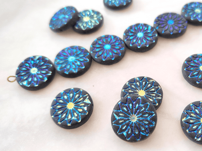 Flower ornament beads 18mm - matt black & blue shimmer