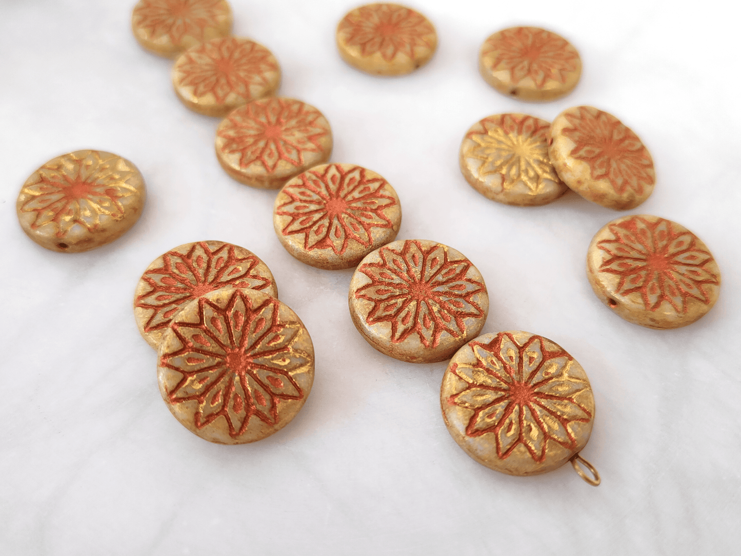 Flower ornament beads 18mm - beige, yellow & orange