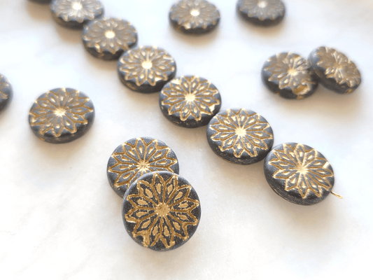 Flower ornament beads 18mm - matt black & gold