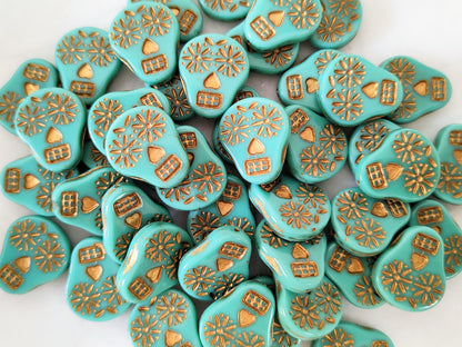 Skull beads 20x16mm - green & gold