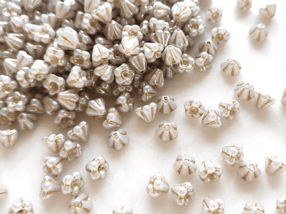 Bell flower beads 4x6mm - light grey & gold