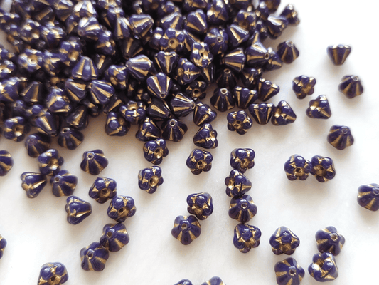 Bell flower beads 4x6mm - dark purple & gold