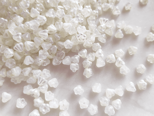 Bell flower beads 4x6mm - colorless & white iris