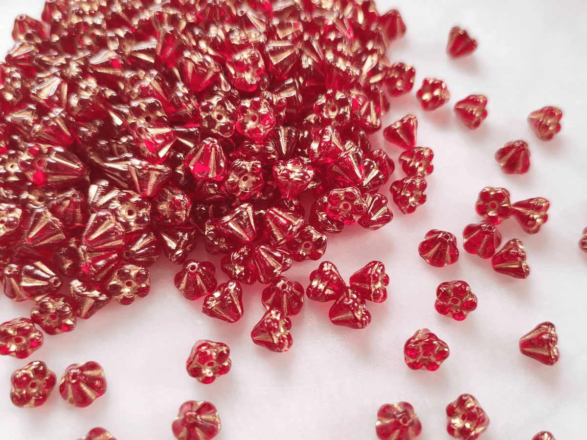 Bell flower beads 4x6mm - red & gold
