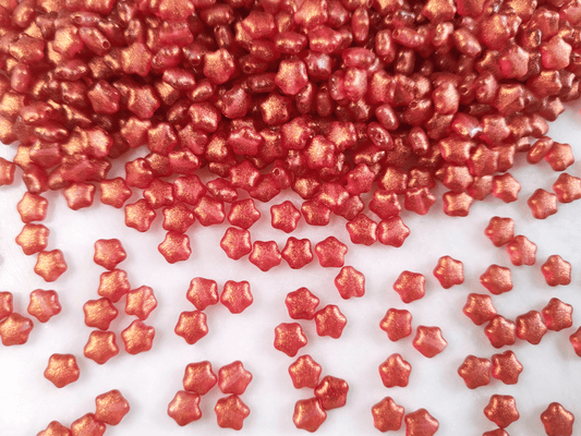 Star beads 6mm - tomato red & gold glitter