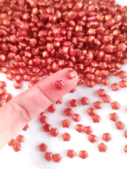 Star beads 6mm - tomato red & gold glitter