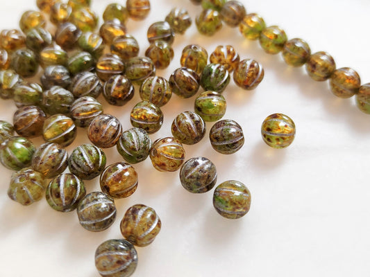 Melon beads 8mm - green, brown Picasso & silver
