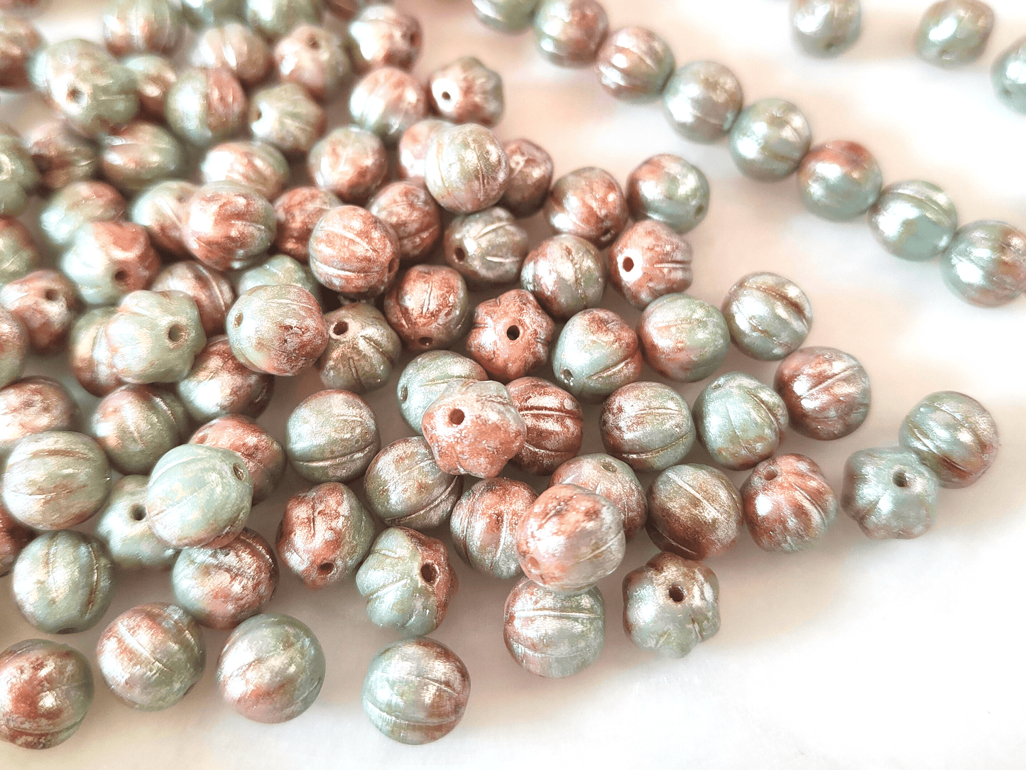 Melon beads 8mm - mint green, red & silver shimmer