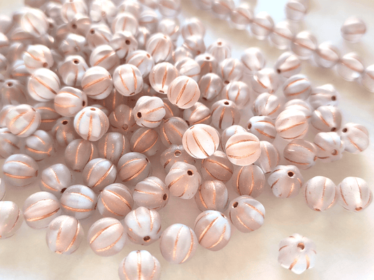 Melon beads 8mm - colorless, white & copper