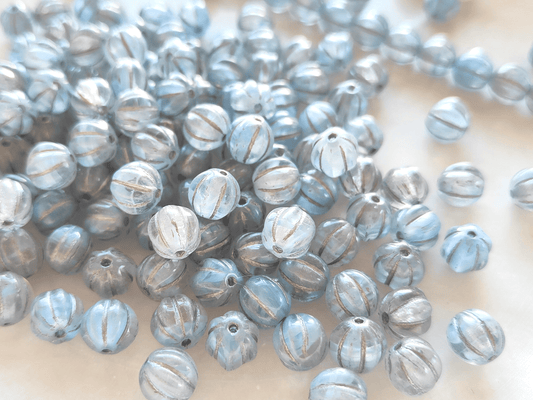 Melon beads 8mm - colorless, light blue & silver
