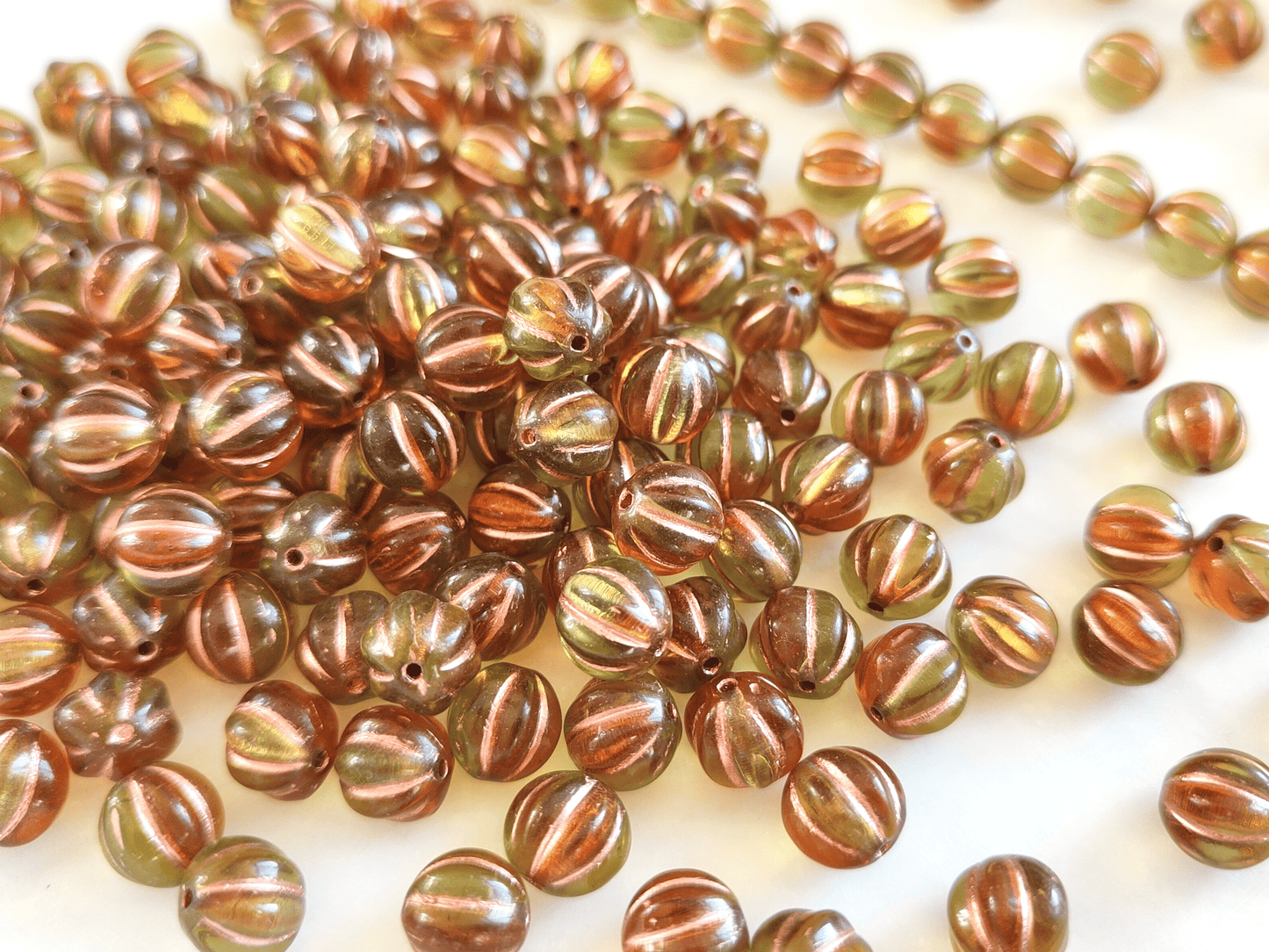 Melon beads 8mm - green, amber & copper