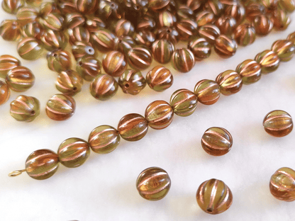Melon beads 8mm - green, amber & copper