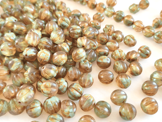 Melon beads 8mm - olive green & brown Picasso