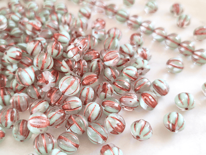 Melon beads 8mm - colorless, white & copper