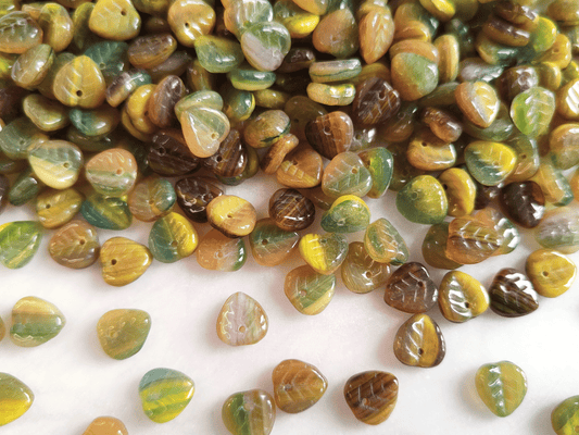 Linden leaf beads 9mm - mix green & brown