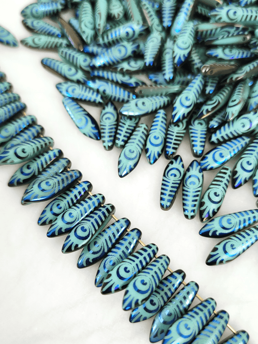 Dagger beads 5x16mm - turquoise, dark blue & feather motif