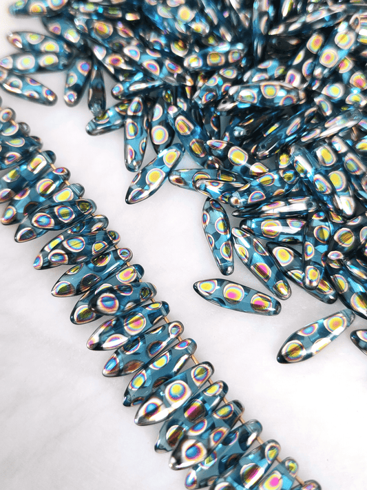 Dagger beads 5x16mm - turquoise & rainbow dots