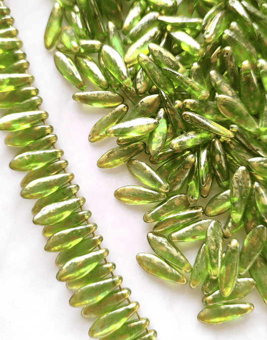 Dagger beads 5x16mm - may green & gold