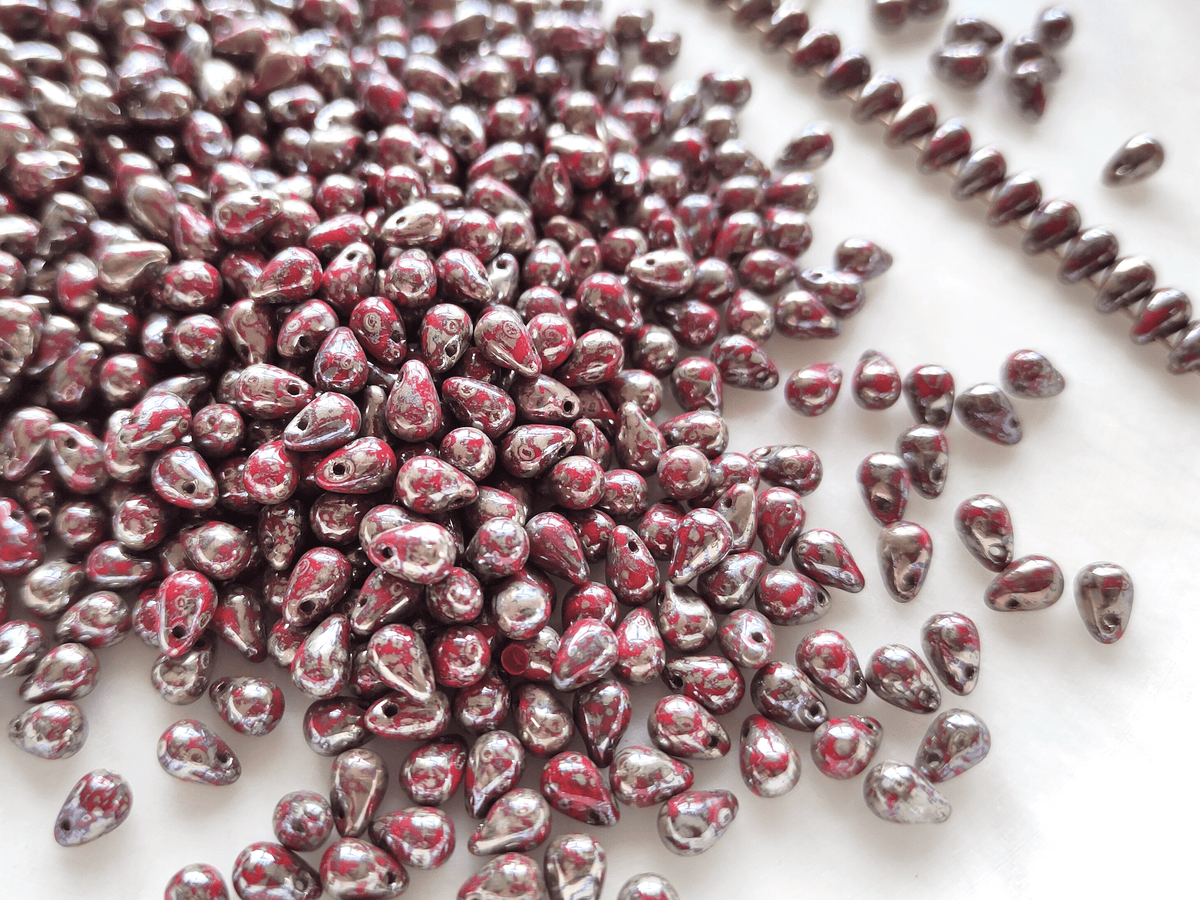 Drop beads 4x6mm - dark red & grey