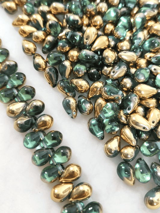 Drop beads 6x9mm - fir green & gold