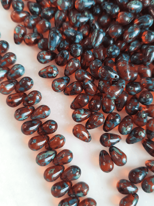 Drop beads 6x9mm - red & gray Picasso