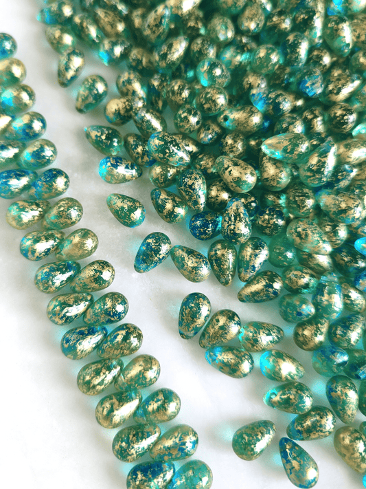 Drop beads 6x9mm - turquoise & gold