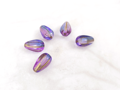 Melon drop beads 13x8mm - ombre blue & purple, gold