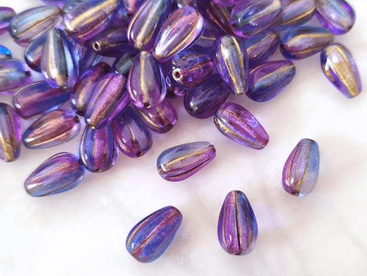 Melon drop beads 13x8mm - ombre blue & purple, gold