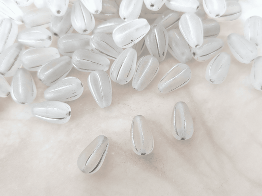 Melon drop beads 13x8mm - matt colorless & silver