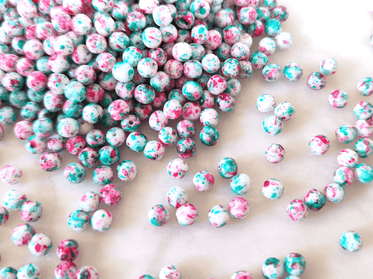 4mm round beads - white & pink and green speckles