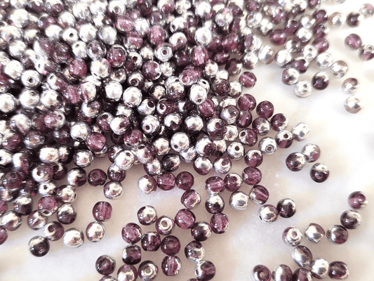 4mm round beads - purple & shiny silver 