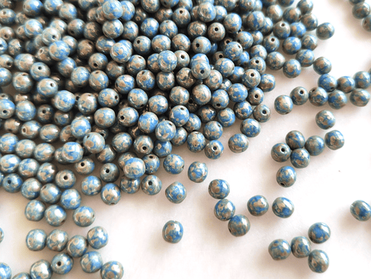 4mm round beads - blue & beige Picasso