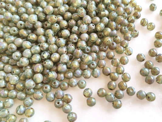 4mm round beads - green & brown Picasso