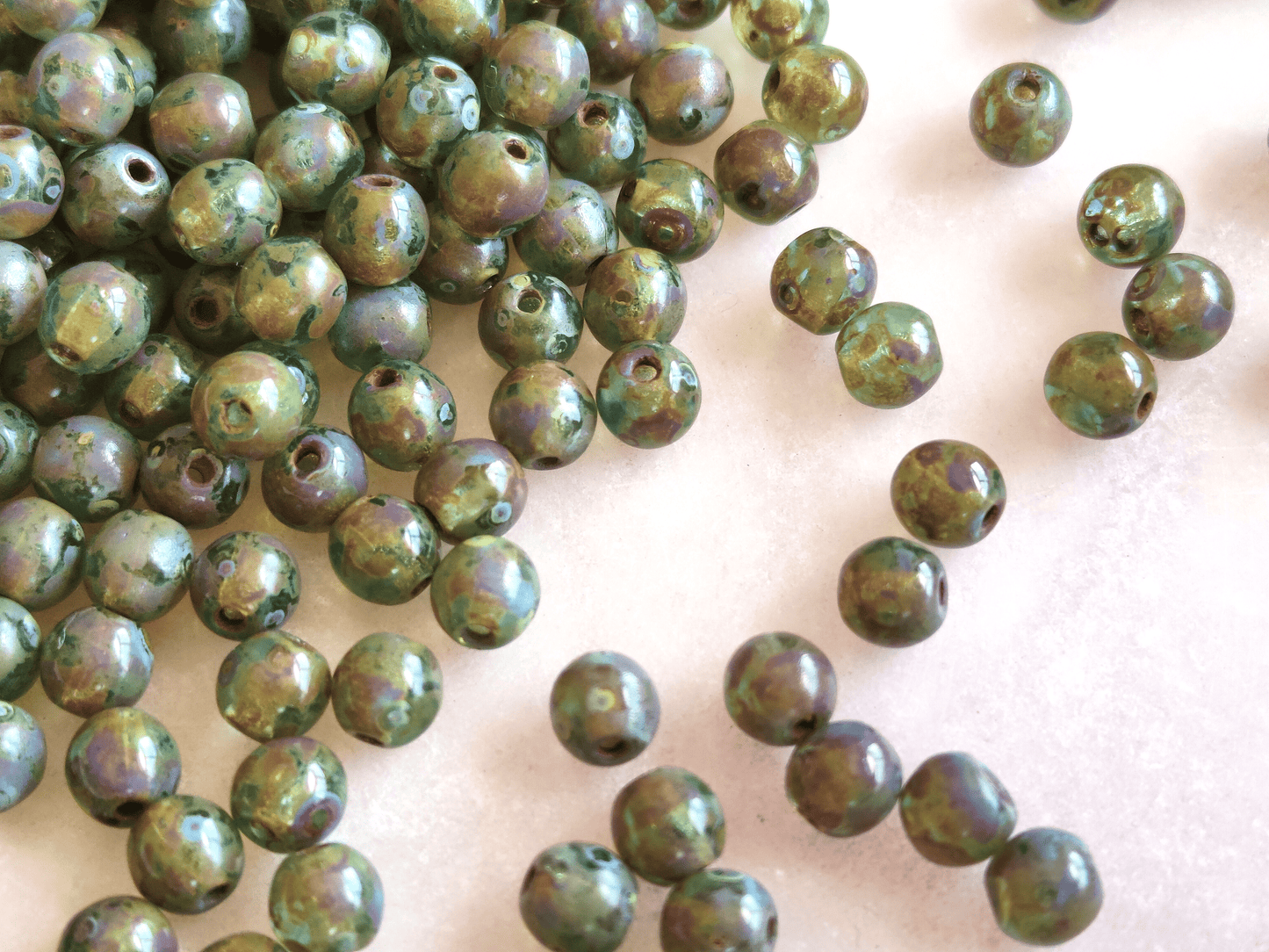 4mm round beads - green & brown Picasso