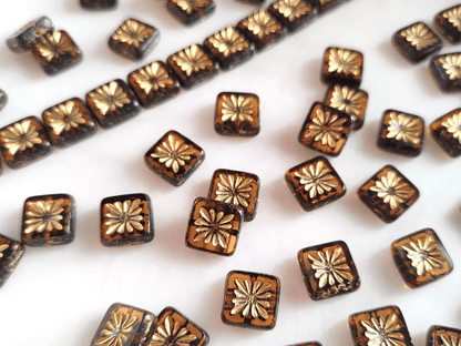 Quadratic kiwi ornament beads 10 mm - brown & gold