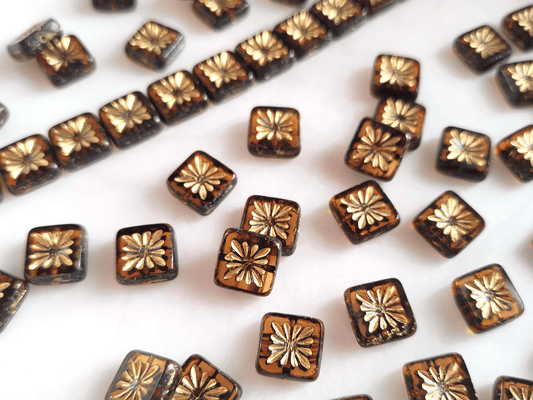 Quadratic kiwi ornament beads 10 mm - brown & gold