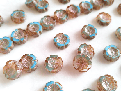 Hawaii flower beads 14 mm - colorless, light blue & light pink Picasso