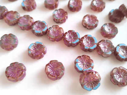 Hawaii flower beads 14 mm - colorless, light blue & purple Picasso