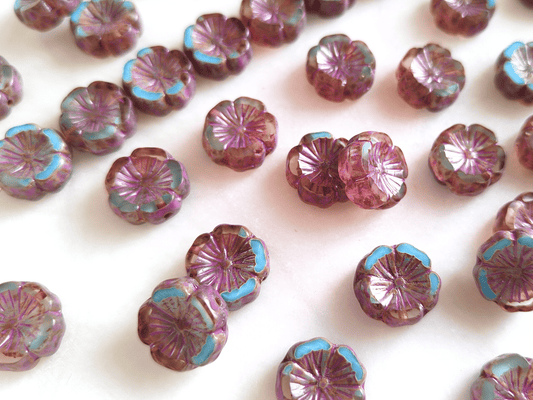 Hawaii flower beads 14 mm - colorless, light blue & purple Picasso