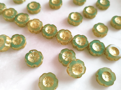 Hawaii flower beads 14 mm - colorless, green & gold