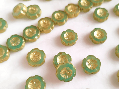Hawaii flower beads 14 mm - colorless, green & gold