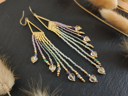 Fringe earrings "Zerah" with mirrored design - pastel yellow & love hearts